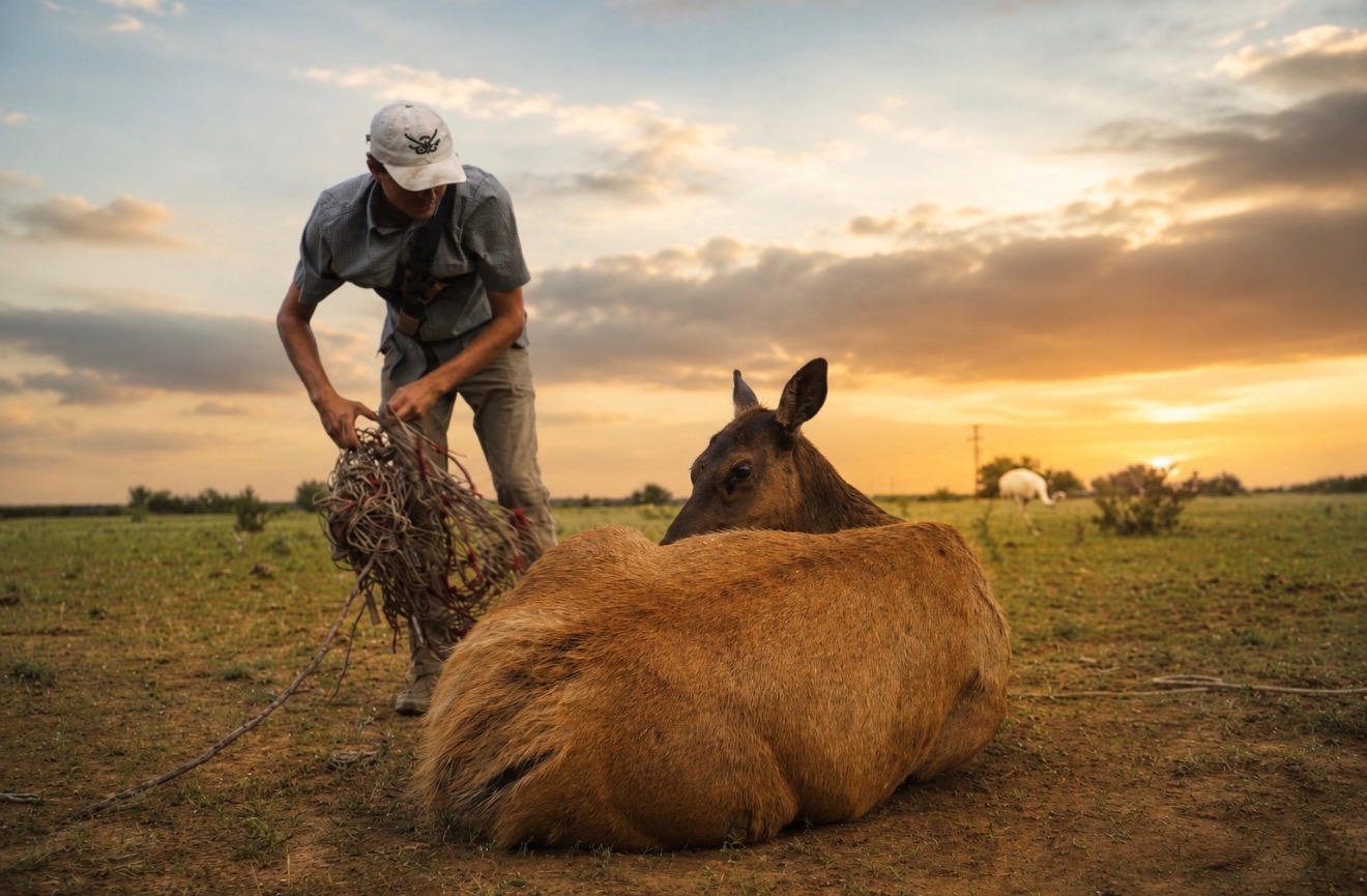 Handler working a captured animal at sunset on open pasture