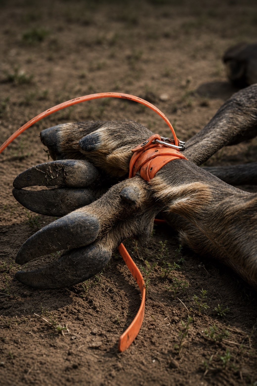 Close-up of a captured animal's hooves secured with an orange hobble strap